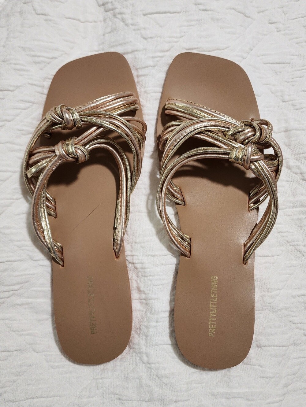 PrettyLittleThing Rose Gold Knot Strap Flat Sandals